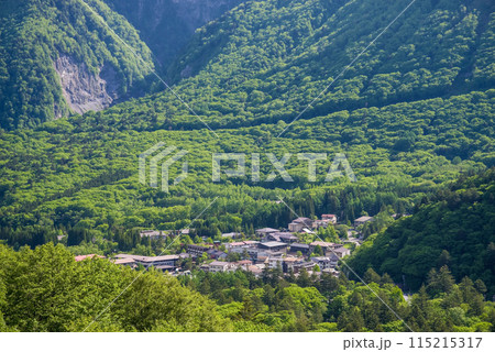 【新緑の中の平湯温泉街】R158平湯トンネル東出口付近の平湯峠からの眺望 115215317
