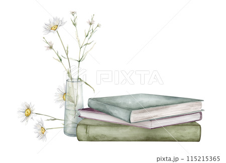 Watercolor illustration plants and stacks of books for reading, pile of textbooks for education. Chamomile or daisy and white little flower. Green and blue color illustration isolated on background 115215365