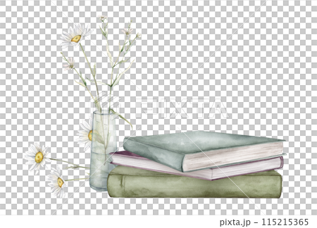 Watercolor illustration plants and stacks of books for reading, pile of textbooks for education. Chamomile or daisy and white little flower. Green and blue color illustration isolated on background 115215365