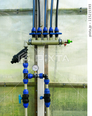 Place of connections of many plastic pipes system of greenhouse water supply with shut off valves 115215393
