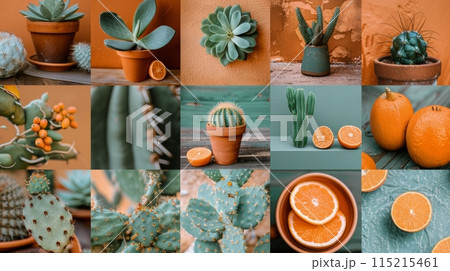 Green Cactus and Orange Collage With Teal and Orange Backgrounds 115215461
