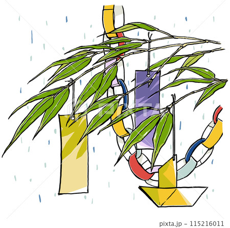 そぼ降る雨を背景にした素朴な七夕飾りの枝のクローズアップ　筆描き・マット塗り 115216011