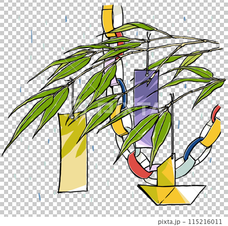 そぼ降る雨を背景にした素朴な七夕飾りの枝のクローズアップ　筆描き・マット塗り 115216011