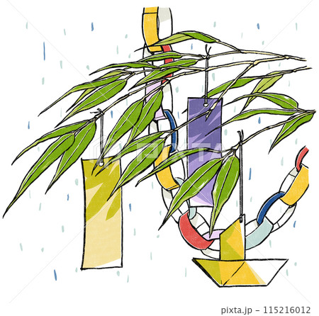 そぼ降る雨を背景にした素朴な七夕飾りの枝のクローズアップ　版画風 115216012