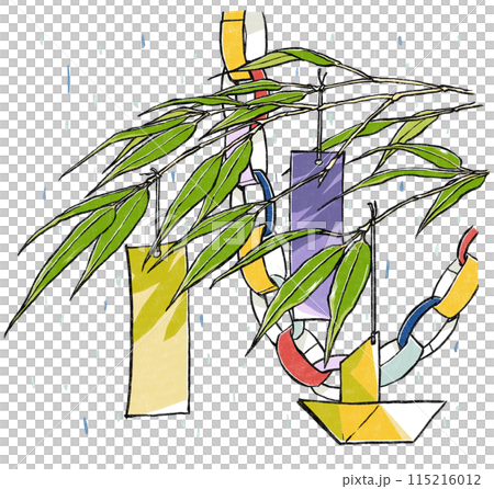 そぼ降る雨を背景にした素朴な七夕飾りの枝のクローズアップ　版画風 115216012