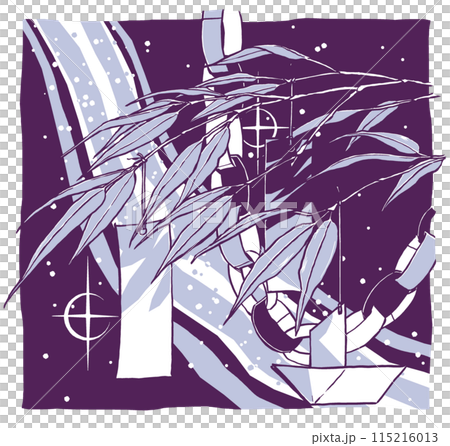 A close-up of a simple Tanabata decoration branch with the Milky Way crossing the night sky in the background. Brush-drawn and painted in two colors. 115216013