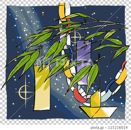 A close-up of a simple Tanabata decoration branch with the Milky Way crossing the night sky in the background. Brush-drawn and matte-painted 115216014