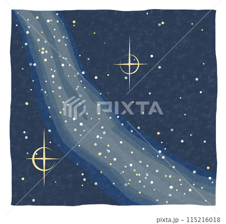 天の川を挟んで織姫星ベガと彦星アルタイルが輝く星空のイメージイラスト　版画風 115216018