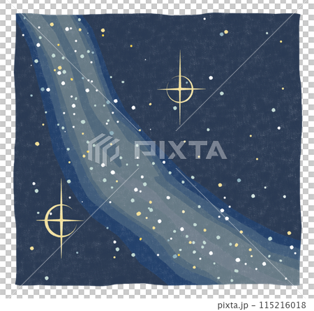 天の川を挟んで織姫星ベガと彦星アルタイルが輝く星空のイメージイラスト　版画風 115216018