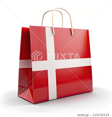 Denmark flag shopping bag against a white background. Denmark Flag Shopping Bag: Stylish Souvenir Tote for Trendy Outings. Proudly Danish: Denmark Flag Shopping Bag on White Background. Denmark Flag 115216124