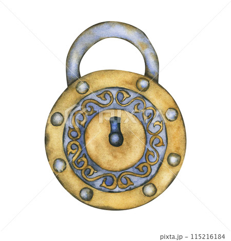 Old Lock. Vintage Padlock isolated isolated on white background. Hand drawn Watercolor illustrations. Antique door lock in Retro style Old Lock. Vintage Padlock isolated isolated on white background. Hand drawn Watercolor illustrations. Antique door lock in Retro style 115216184
