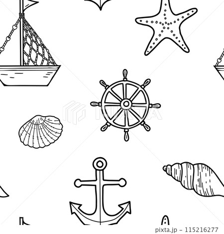 Marine Hand drawn Seamless Pattern with cute Ship, Boat, Nautical Anchor and Steering Wheel. Sea shells and sea star. Vector illustration, line art. For fabric, wallpaper and marine beach design. 115216277