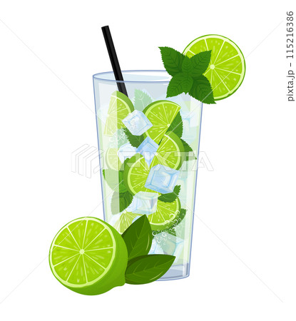 Mojito in a glass with tube for drinking. Lemonade refreshing drink isolated on white background. Mojito in a glass with tube for drinking. Lemonade refreshing drink isolated on white background. 115216386
