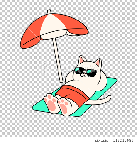 Cat sunbathing on the beach 115216689