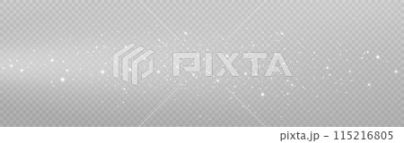 Silver dust effect. Light trail with glitter and stars. Magic wave with particles. Christmas white light. Beautiful sparkling elements. Stardust decoration. Vector illustration 115216805