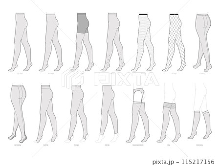 Set of Tights Pantyhose on legs with names text. Fashion accessory clothing technical illustration. Vector side view Set of Tights Pantyhose on legs with names text. Fashion accessory clothing technical illustration. Vector side view 115217156