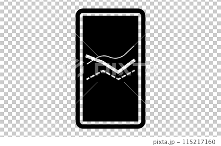 スマートフォン画面に表示されている複数の折れ線グラフの黒のシルエットアイコン 115217160