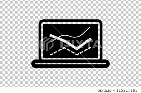 筆記型電腦螢幕上顯示的多線圖的黑色剪影圖標 筆記型電腦螢幕上顯示的多線圖的黑色剪影圖標 115217165