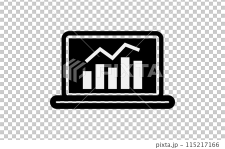Black silhouette icon of a line and bar graph displayed on a laptop screen Black silhouette icon of a line and bar graph displayed on a laptop screen 115217166