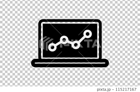 Black silhouette icon of a line graph displayed on a laptop screen Black silhouette icon of a line graph displayed on a laptop screen 115217167
