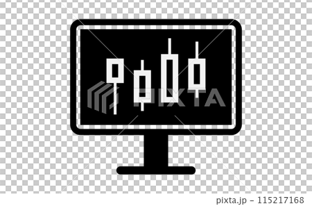 Black silhouette icon of a forex chart displayed on a computer screen 115217168