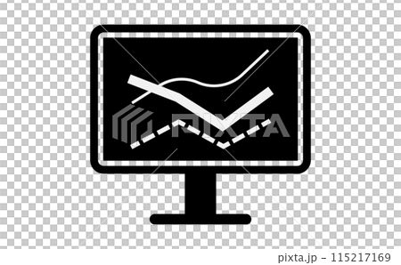 Black silhouette icon of multiple line graphs displayed on a computer screen Black silhouette icon of multiple line graphs displayed on a computer screen 115217169