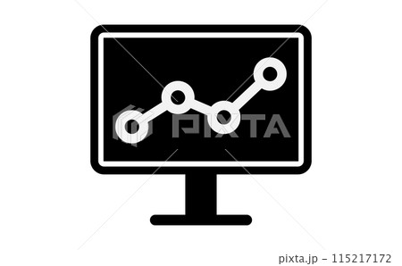 パソコン画面に表示されている折れ線グラフの黒のシルエットアイコン パソコン画面に表示されている折れ線グラフの黒のシルエットアイコン 115217172