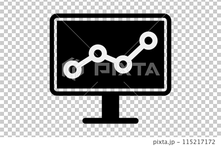 パソコン画面に表示されている折れ線グラフの黒のシルエットアイコン パソコン画面に表示されている折れ線グラフの黒のシルエットアイコン 115217172