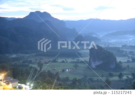 Phu Langka Forest Park is a series of mountain ranges. There are mountains with unusual and unique shapes. Located alone in the middle, in the morning it is surrounded by fog. At Phayao ,Thailand. 115217243