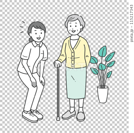 Illustration of an elderly woman and a nurse having a conversation while looking at each other and smiling 115217343