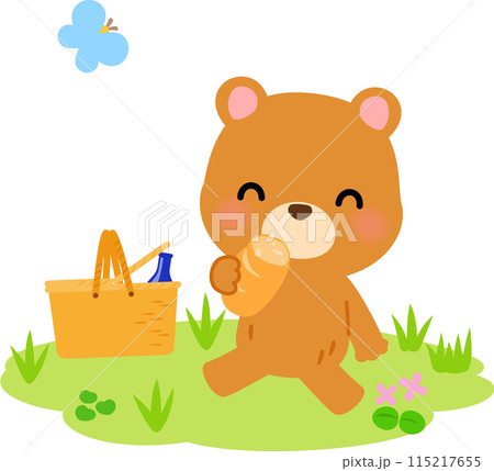 原っぱで食事するクマのキャラクター、ピクニック 115217655