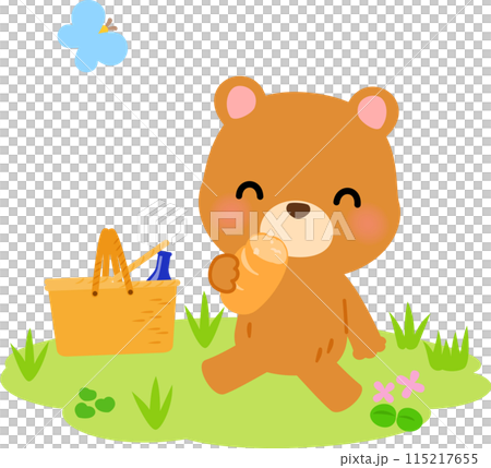 原っぱで食事するクマのキャラクター、ピクニック 115217655