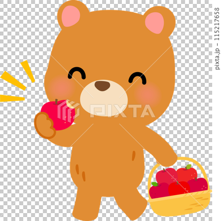 A bear walking with a basket of apples 115217658