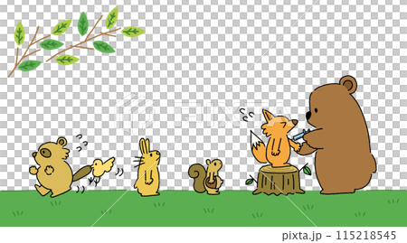小児科向け素材、くまのお医者さんの予防接種に並ぶ森の動物たちのイラスト 115218545