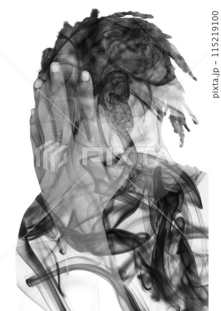 A balck and white male portrait in a surreal double exposure A balck and white male portrait in a surreal double exposure 115219100