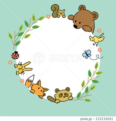 森の動物たちのイラストのフレーム　春 115219201