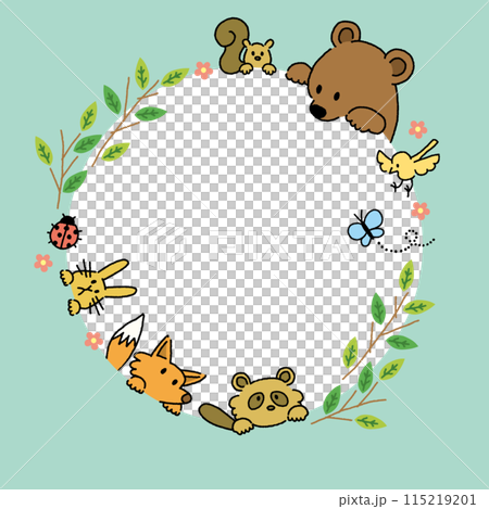 森の動物たちのイラストのフレーム　春 115219201