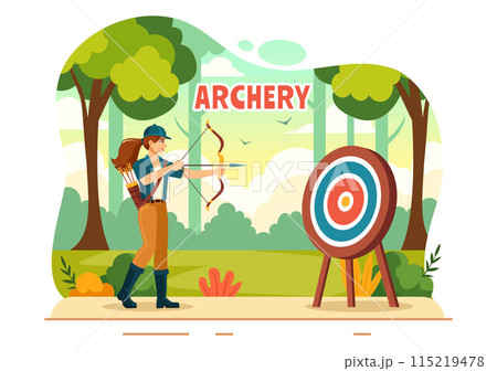 Vector Illustration of Archery Sport with a Bow and Arrow Aiming at a Target, Depicting an Outdoor Recreational Activity in a Flat Cartoon Background Vector Illustration of Archery Sport with a Bow and Arrow Aiming at a Target, Depicting an Outdoor Recreational Activity in a Flat Cartoon Background 115219478