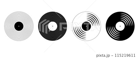 Vinyl records icons. LP or long play music discs isolated on white background. DJ equipment for disco or techno party. 70s 80s 90s discotheque nostalgia concept. Vector graphic illustration Vinyl records icons. LP or long play music discs isolated on white background. DJ equipment for disco or techno party. 70s 80s 90s discotheque nostalgia concept. Vector graphic illustration 115219611
