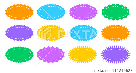 Set or colorful oval shapes with curvy and zigzag borders and stitch lines. Empty price, discount, sale offer, coupon, promo code tags. Speech bubbles, messages or text boxes. Vector illustration 115219622