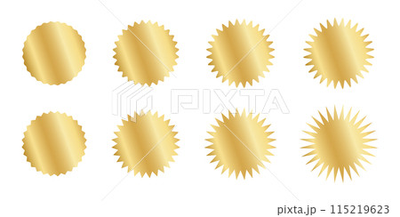 Set of gold circle stickers with wavy borders. Wiggly round shining labels, badges, price tags, stamps, sale offers isolated on white background. Vector realistic illustration 115219623