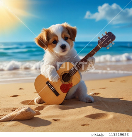 晴れた浜辺でギターを弾いている子犬 115219628