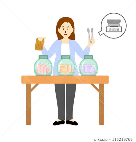 量り売りの商品を選んでいる女性のシンプルなイラスト 115219769