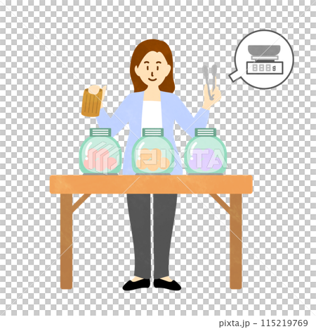 量り売りの商品を選んでいる女性のシンプルなイラスト 115219769