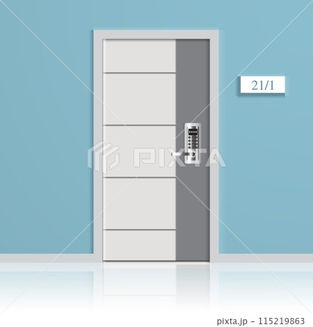 Interior decoration Gray and white door on a blue wall. digital door lock. vector design. Interior decoration Gray and white door on a blue wall. digital door lock. vector design. 115219863