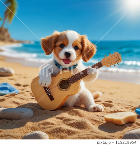 明るい浜辺で弾き語りをしている犬 明るい浜辺で弾き語りをしている犬 115219954