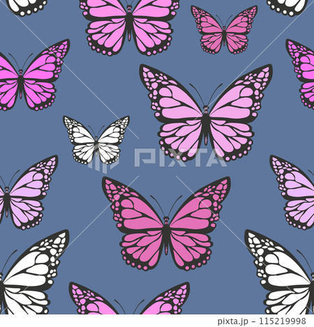 Seamless pattern with funny colorful Butterflies, flowers. Color flat vector illustration for invitation, poster, card, textile, fabric. Butterfly graphic design print. Trendy animal motif wallpaper 115219998