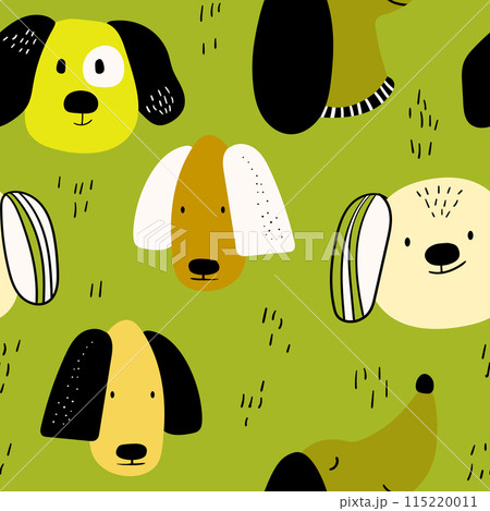 Vector seamless repeating childish pattern with cute dogs in Scandinavian style. Animals background with dog, pets, puppy for invitation, poster, card, flyer, textile, fabric Vector seamless repeating childish pattern with cute dogs in Scandinavian style. Animals background with dog, pets, puppy for invitation, poster, card, flyer, textile, fabric 115220011