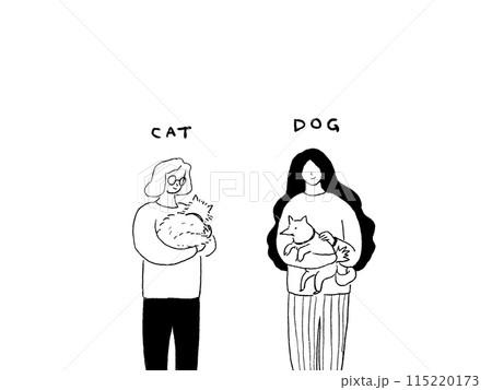 猫を抱くメガネの女性と、犬を抱く髪の長い女性,線画 猫を抱くメガネの女性と、犬を抱く髪の長い女性,線画 115220173
