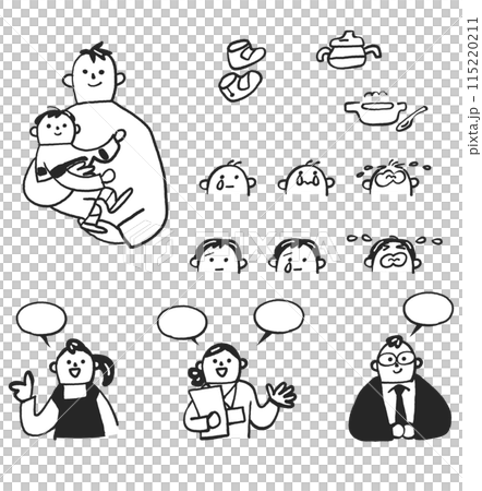 Supporters who support child-rearing Monochrome set of illustration materials Supporters who support child-rearing Monochrome set of illustration materials 115220211